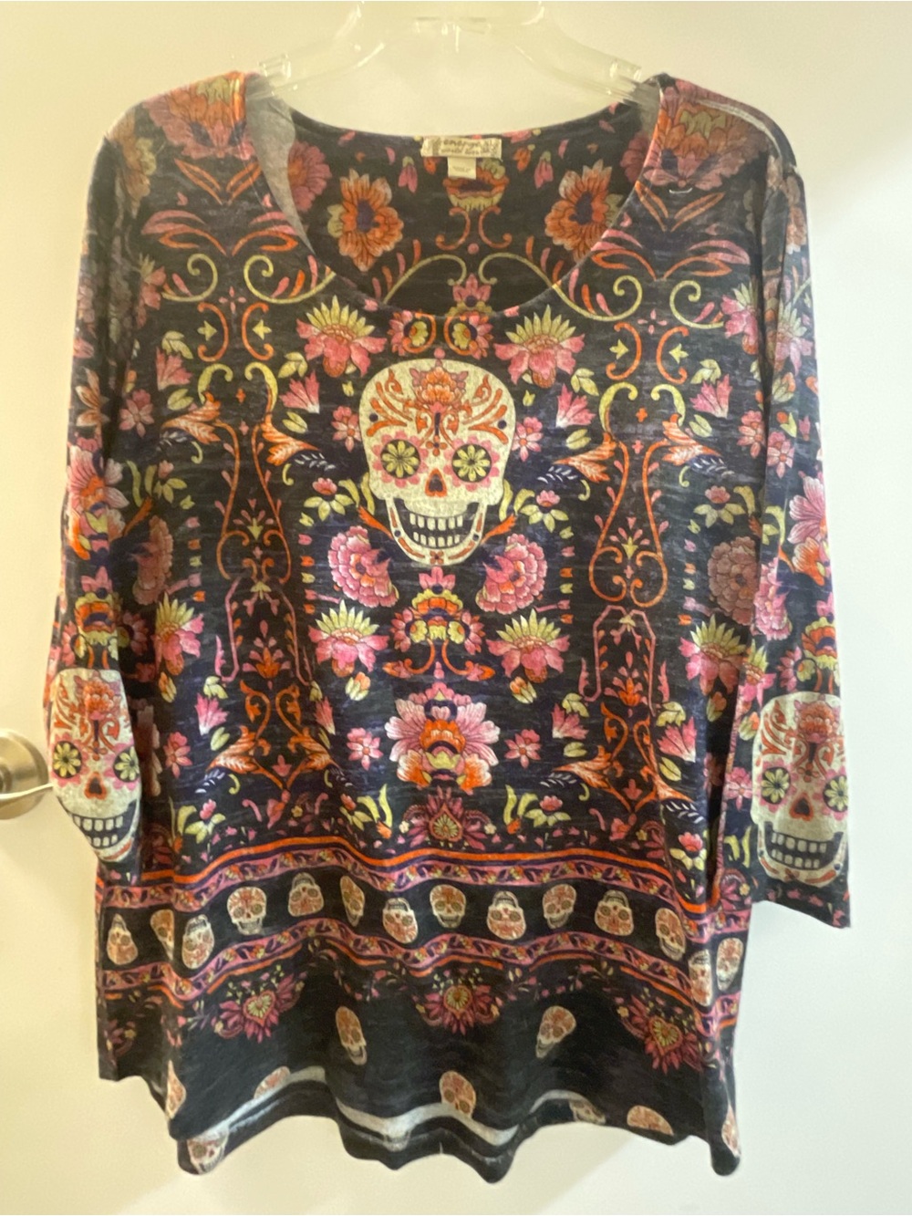 Energie Black Long Sleeve Shirt with Colorful Sugar Skull Floral Print Size: XL